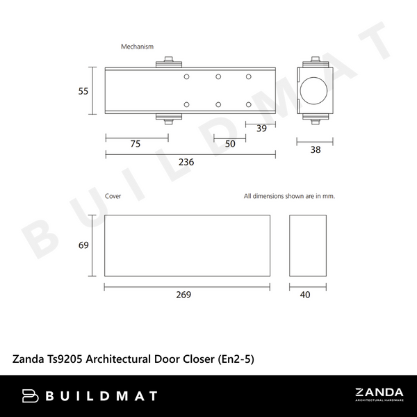 Zanda Architectural Slide Arm Door Closer (EN2-5) with Cover Satin Nickel Plate