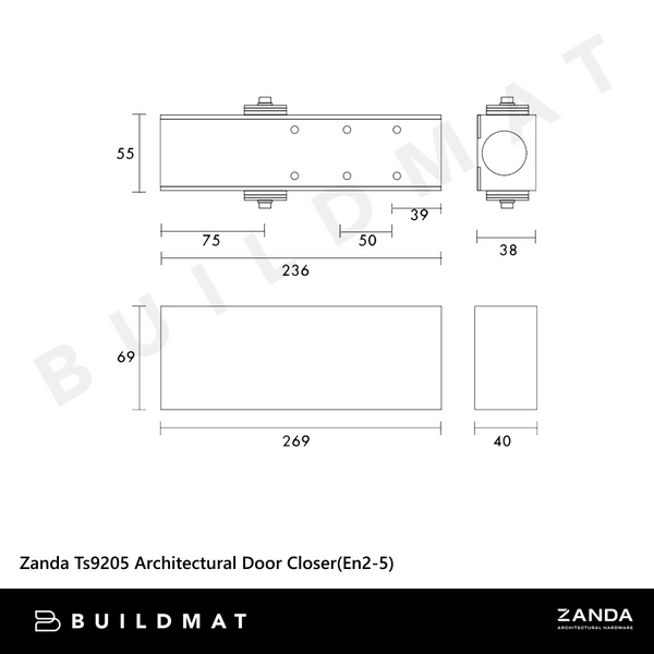 Zanda Architectural Door Closer (EN2-5) with Cover Satin Brass