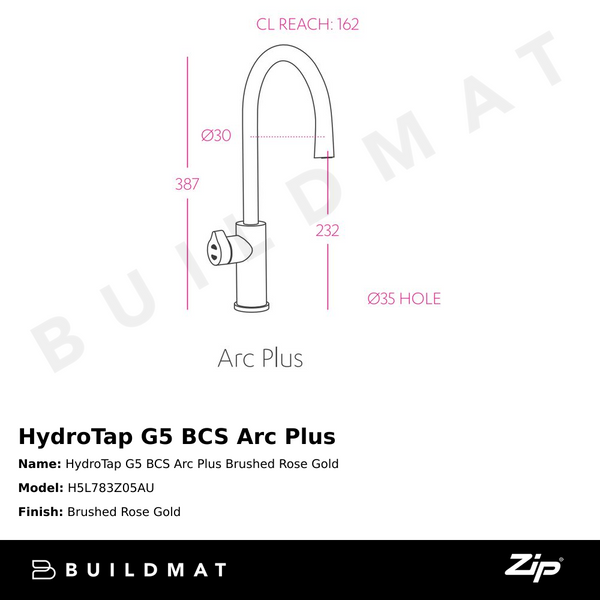 Zip Water HydroTap G5 BCS Arc Plus Brushed Rose Gold