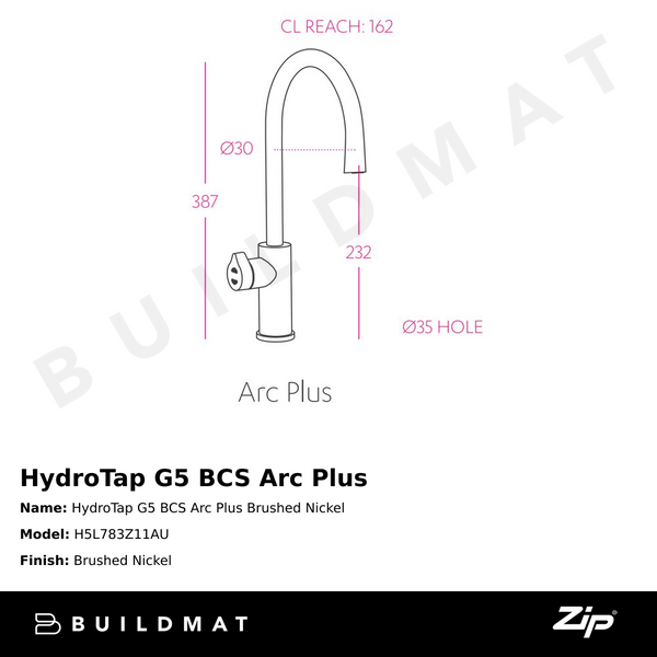 Zip Water HydroTap G5 BCS Arc Plus Brushed Nickel