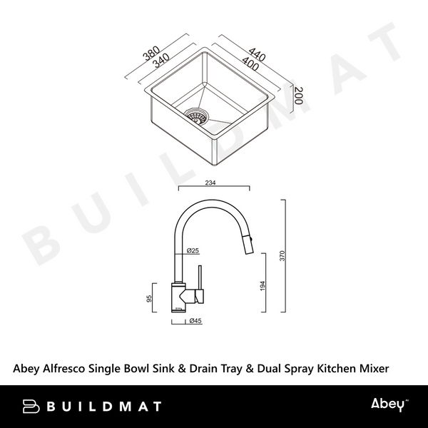 Abey Alfresco Single Bowl Sink With Drain Tray and Dual Spray Kitchen Mixer Stainless Steel