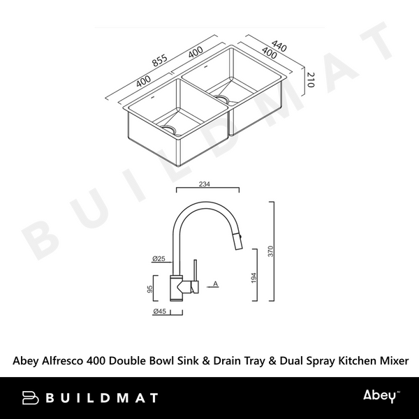 Abey Alfresco 400 Double Bowl Sink With Drain Tray and Dual Spray Kitchen Mixer Stainless Steel