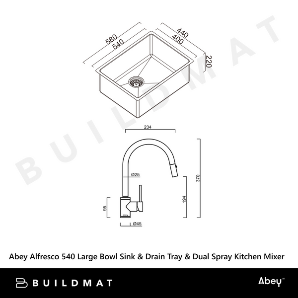 Abey Alfresco 540 Large Bowl Sink With Drain Tray and Dual Spray Kitchen Mixer Stainless Steel