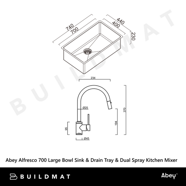 Abey Alfresco 700 Large Bowl Sink With Drain Tray and Dual Spray Kitchen Mixer Stainless Steel