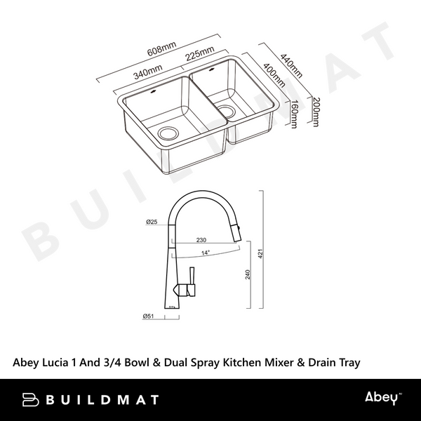 Abey Lucia Bowl And Three Quarter With Dual Spray Kitchen Mixer and Drain Tray and Cutting Board Stainless Steel