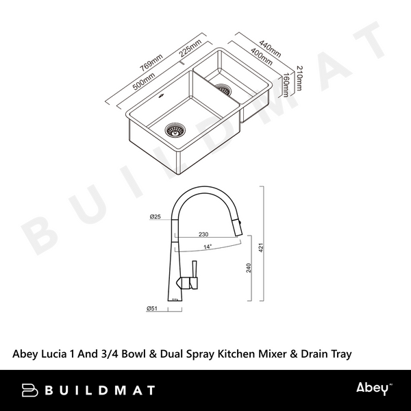 Abey Lucia Bowl And Three Quarter With Dual Spray Kitchen Mixer and Drain Tray and Cutting Board Stainless Steel