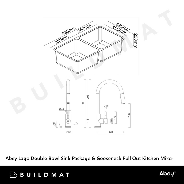 Abey Lago Double Bowl Sink Package With 304 Gooseneck Pull Out Kitchen Mixer Stainless Steel