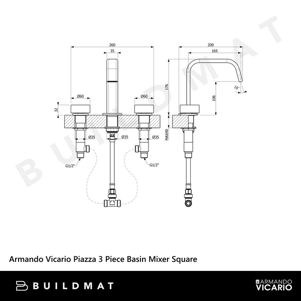 Armando Vicario Piazza 3 Piece Basin Mixer Square Black
