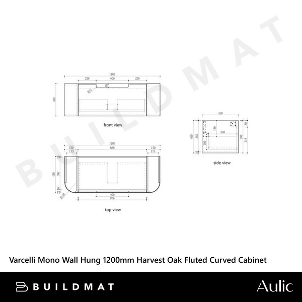 Aulic Varcelli Mono Wall Hung 1200mm Harvest Oak Fluted Curved Vanity