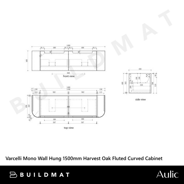 Aulic Varcelli Mono Wall Hung 1500mm Harvest Oak Fluted Curved Vanity