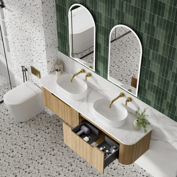 Aulic Varcelli Mono Wall Hung 1500mm Harvest Oak Fluted Curved Cabinet