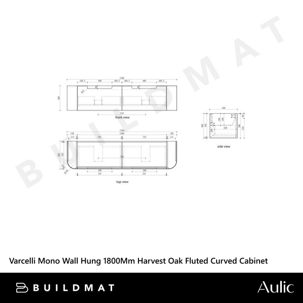 Aulic Varcelli Mono Wall Hung 1800mm Harvest Oak Fluted Curved Vanity