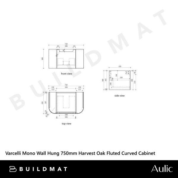 Aulic Varcelli Mono Wall Hung 750mm Harvest Oak Fluted Curved Cabinet