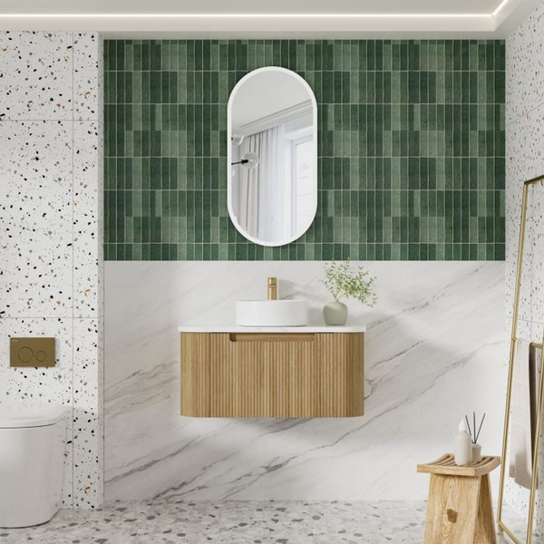 Aulic Varcelli Mono Wall Hung 900mm Harvest Oak Fluted Curved Cabinet