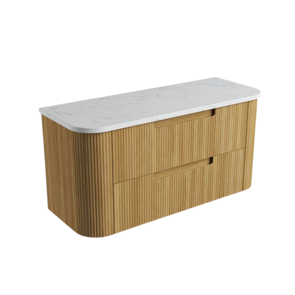 Aulic Varcelli Tier Wall Hung 1200mm Harvest Oak Fluted Curved Cabinet