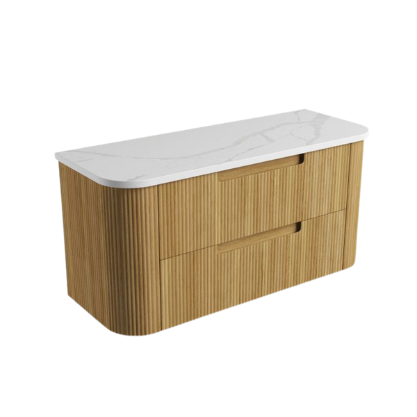 Aulic Varcelli Tier Wall Hung 1200mm Harvest Oak Fluted Curved Cabinet