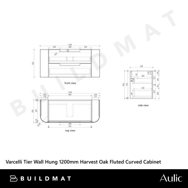 Aulic Varcelli Tier Wall Hung 1200mm Harvest Oak Fluted Curved Cabinet