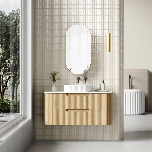 Aulic Varcelli Tier Wall Hung 1200mm Harvest Oak Fluted Curved Cabinet