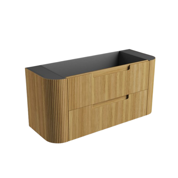 Aulic Varcelli Tier Wall Hung 1200mm Harvest Oak Fluted Curved Cabinet