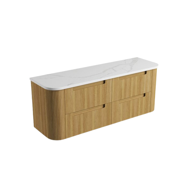 Aulic Varcelli Tier Wall Hung 1500mm Harvest Oak Fluted Curved Cabinet