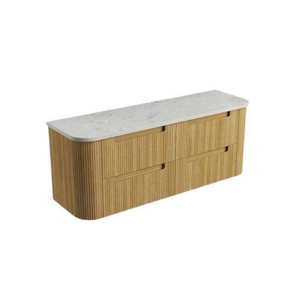Aulic Varcelli Tier Wall Hung 1500mm Harvest Oak Fluted Curved Cabinet