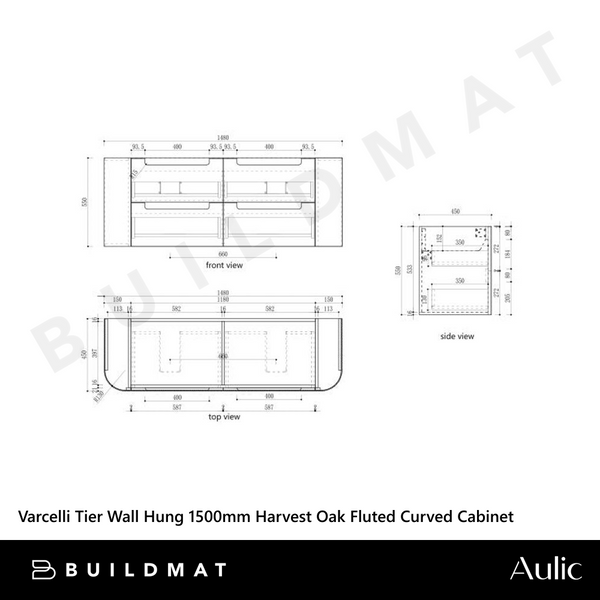 Aulic Varcelli Tier Wall Hung 1500mm Harvest Oak Fluted Curved Cabinet