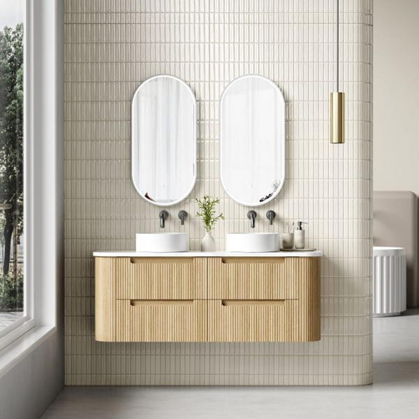 Aulic Varcelli Tier Wall Hung 1500mm Harvest Oak Fluted Curved Vanity
