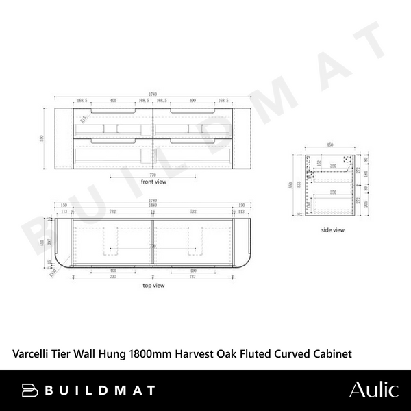 Aulic Varcelli Tier Wall Hung 1800mm Harvest Oak Fluted Curved Cabinet