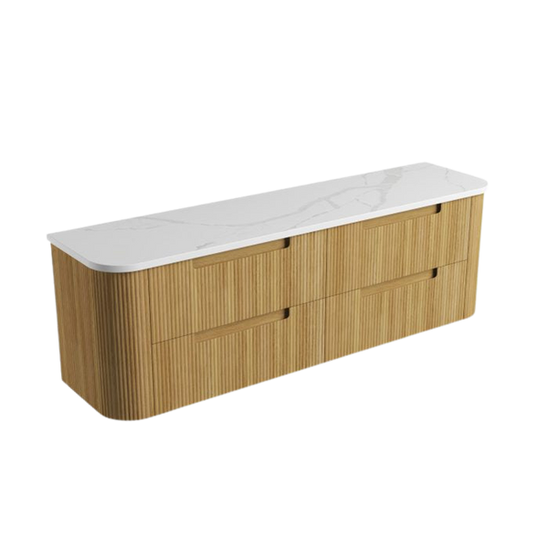 Aulic Varcelli Tier Wall Hung 1800mm Harvest Oak Fluted Curved Cabinet