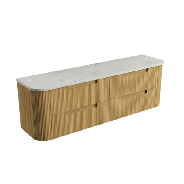 Aulic Varcelli Tier Wall Hung 1800mm Harvest Oak Fluted Curved Cabinet