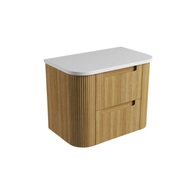 Aulic Varcelli Tier Wall Hung 750mm Harvest Oak Fluted Curved Vanity