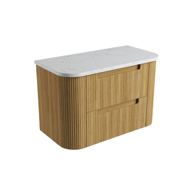 Aulic Varcelli Tier Wall Hung 900mm Harvest Oak Fluted Curved Cabinet