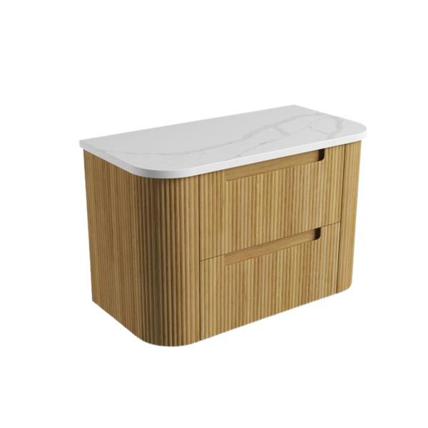 Aulic Varcelli Tier Wall Hung 900mm Harvest Oak Fluted Curved Cabinet