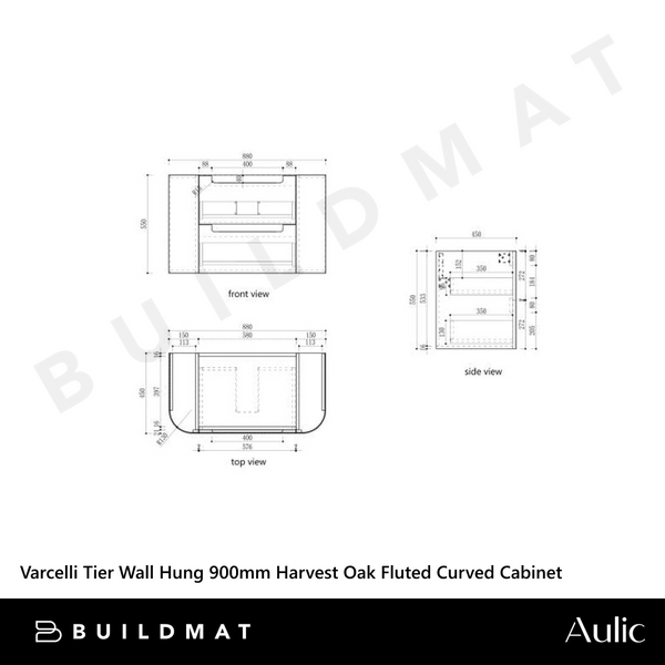Aulic Varcelli Tier Wall Hung 900mm Harvest Oak Fluted Curved Vanity