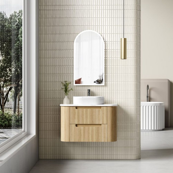 Aulic Varcelli Tier Wall Hung 900mm Harvest Oak Fluted Curved Cabinet