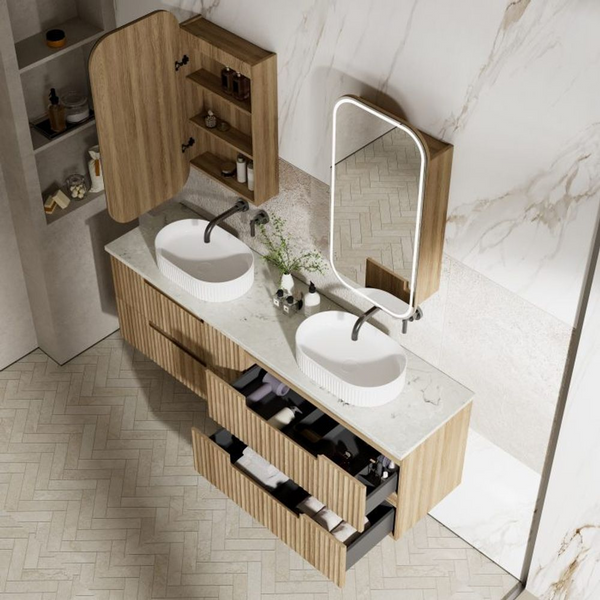 Aulic Lovina Tier Wall Hung 1500mm Harvest Oak Fluted Vanity