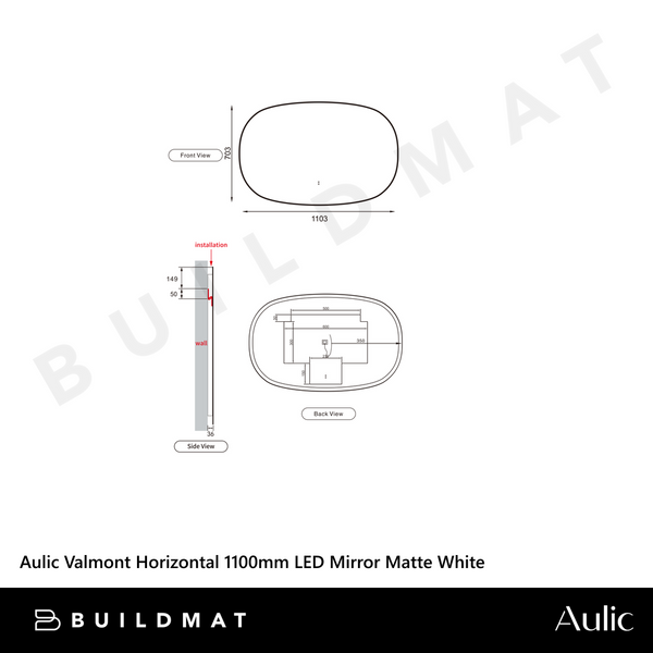 Aulic Valmont Horizontal 1100mm LED Mirror Matte Black