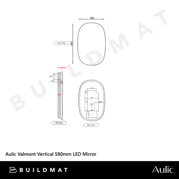 Aulic Valmont Vertical 580mm LED Mirror Frameless