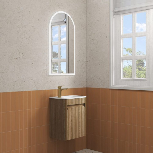 Aulic Mini Hartelle Fluted Wall Hung 470mm Vanity Harvest Oak