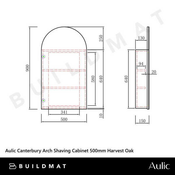 Aulic Canterbury Arch Shaving Cabinet 500mm Harvest Oak