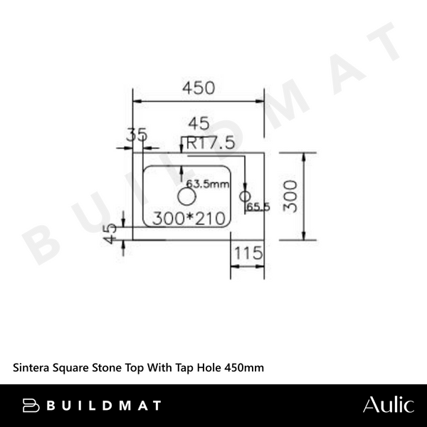 Aulic Sintera Square Stone Top With Tap Hole 450mm