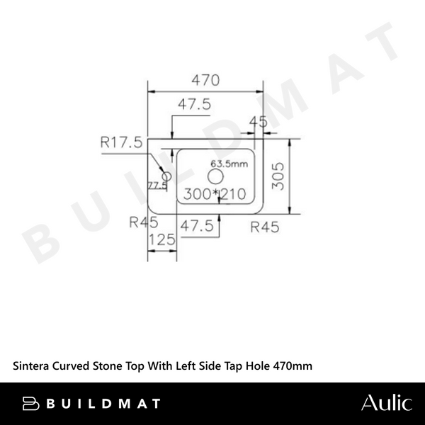 Aulic Sintera Curved Stone Top With Left Side Tap Hole 470mm