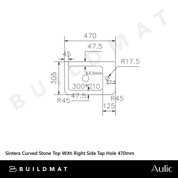Aulic Sintera Curved Stone Top With Right Side Tap Hole 470mm