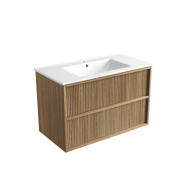 Aulic Venetta Fluted Framed Wall Hung 900mm Vanity Harvest Oak