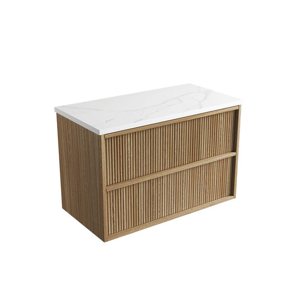 Aulic Venetta Fluted Framed Wall Hung 900mm Vanity Harvest Oak