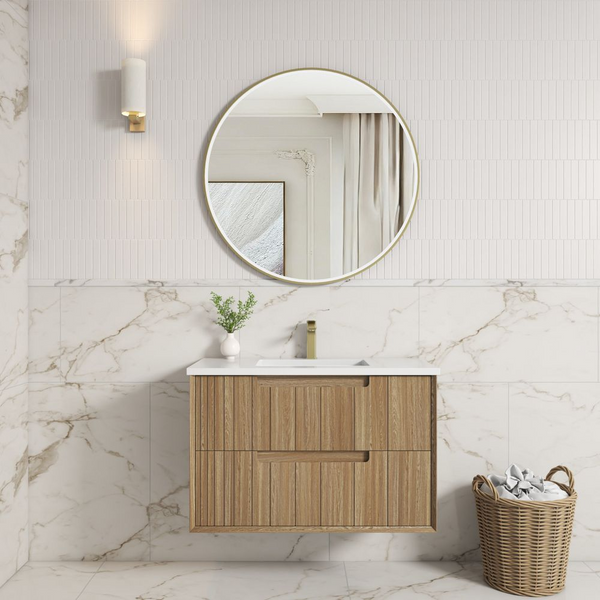 Aulic Voulari Framed Wall Hung 900mm Vanity Harvest Oak