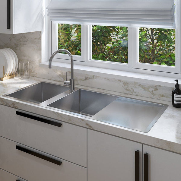 Alma Theo 1200x500 Double Bowl Tap Landing with Right Drain Board Sink