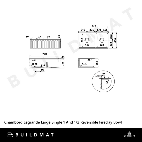 Chambord Legrande Large Single And A Half Bowl Reversible Fireclay White
