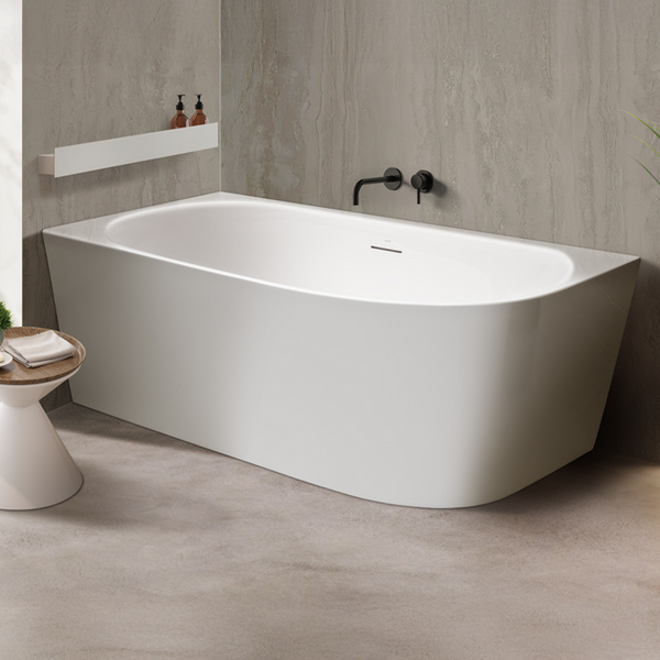Decina 1500mm Natalia Back to Corner (Right Corner) Freestanding Bath with Overflow Gloss White