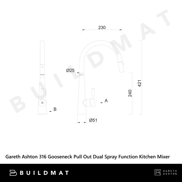 Gareth Ashton 316 Gooseneck Pull Out Dual Spray Function Kitchen Mixer Brushed Steel
